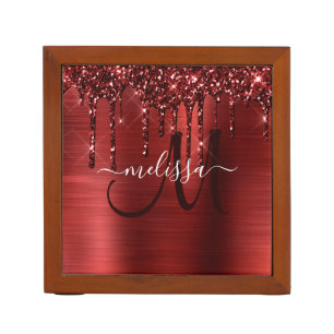Girly Red Dripping Glitter Brush Metal Monogram Desk Organizer