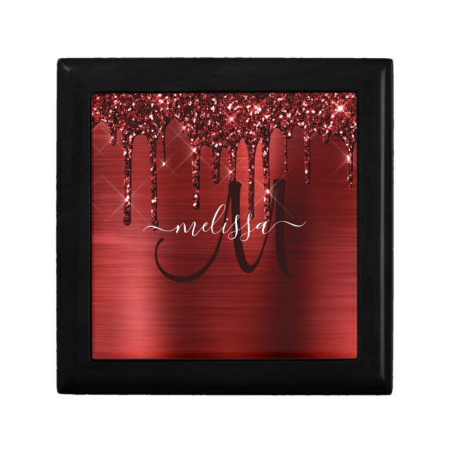 Girly Red Dripping Glitter Brush Metal Monogram Gift Box (Front)