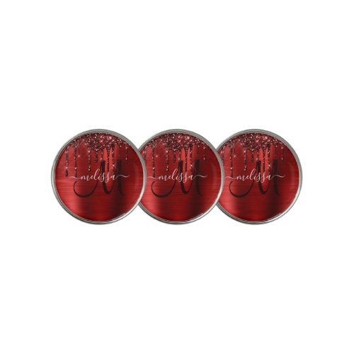 Girly Red Dripping Glitter Brush Metal Monogram Golf Ball Marker
