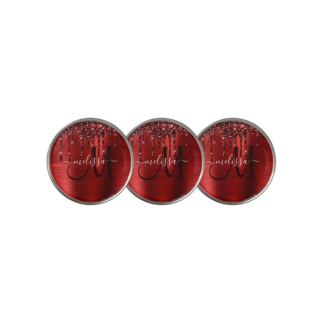Girly Red Dripping Glitter Brush Metal Monogram Golf Ball Marker (3 Up)