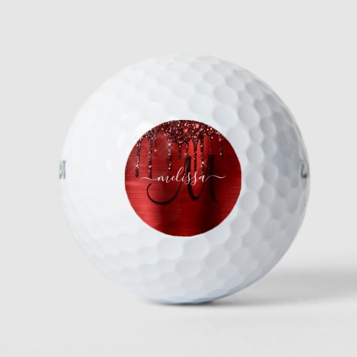 Girly Red Dripping Glitter Brush Metal Monogram Golf Balls