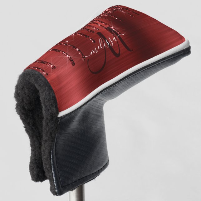 Girly Red Dripping Glitter Brush Metal Monogram Golf Head Cover (3/4 Front)