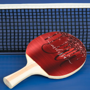Girly Red Dripping Glitter Brush Metal Monogram Ping Pong Paddle