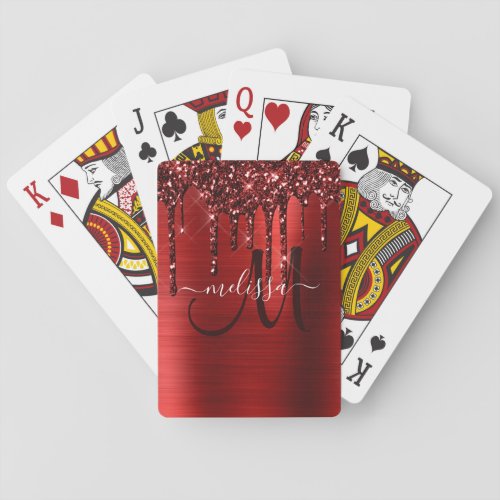 Girly Red Dripping Glitter Brush Metal Monogram Poker Cards