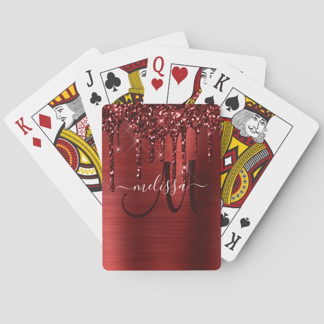 Girly Red Dripping Glitter Brush Metal Monogram Poker Cards (Back)