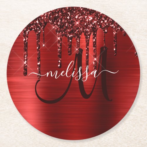 Girly Red Dripping Glitter Brush Metal Monogram Round Paper Coaster