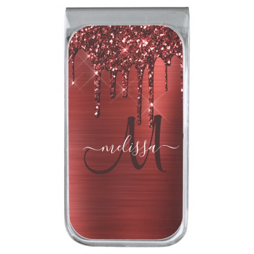 Girly Red Dripping Glitter Brush Metal Monogram Silver Finish Money Clip