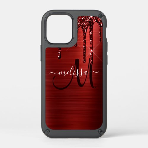 Girly Red Dripping Glitter Brush Metal Monogram Speck iPhone 12 Mini Case