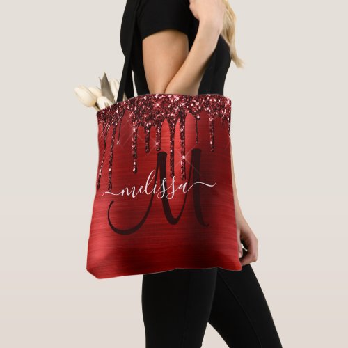 Girly Red Dripping Glitter Brush Metal Monogram Tote Bag
