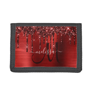 Girly Red Dripping Glitter Brush Metal Monogram Trifold Wallet