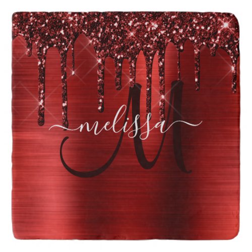 Girly Red Dripping Glitter Brush Metal Monogram Trivet