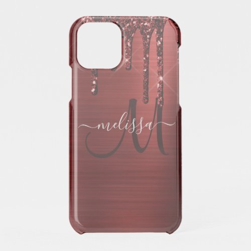Girly Red Dripping Glitter Brush Metal Monogram iPhone 11 Pro Case