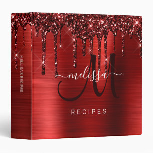 Girly Red Dripping Glitter Brush Metal Recipe 3 Ring Binder