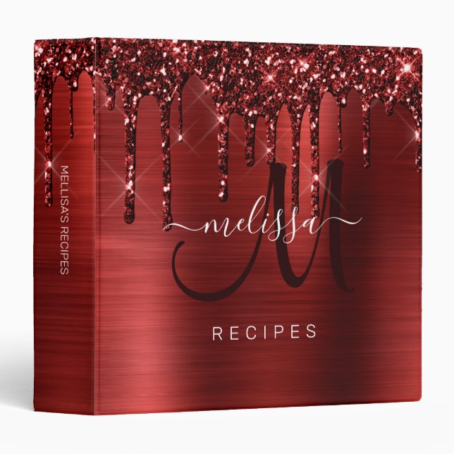 Girly Red Dripping Glitter Brush Metal Recipe 3 Ring Binder (Front/Spine)