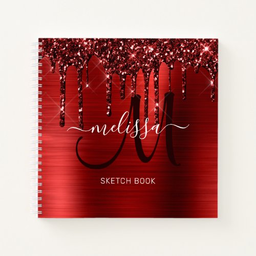 Girly Red Dripping Glitter Brush Metal Sketch Notebook