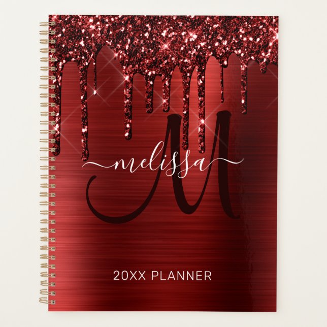 Girly Red Dripping Glitter Brushed Metal 2024 Planner (Front)