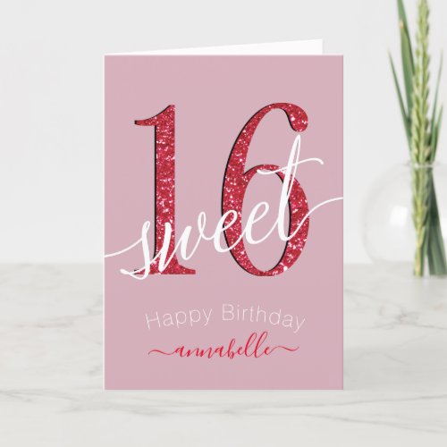 Girly Red Faux glitter Sweet 16 Birthday Card