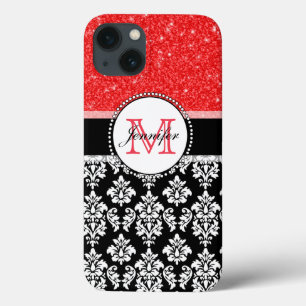 Girly, Red, Glitter Black Damask Personalized iPhone 13 Case