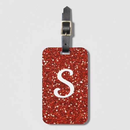 Girly Red Glitter Monogram Initial Luggage Tag