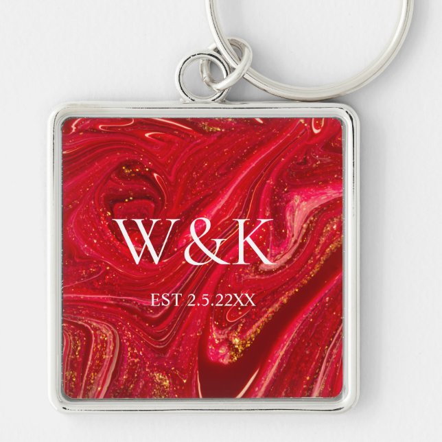 Girly Red Glitter monogram Initial Wedding Couple  Keychain (Front)