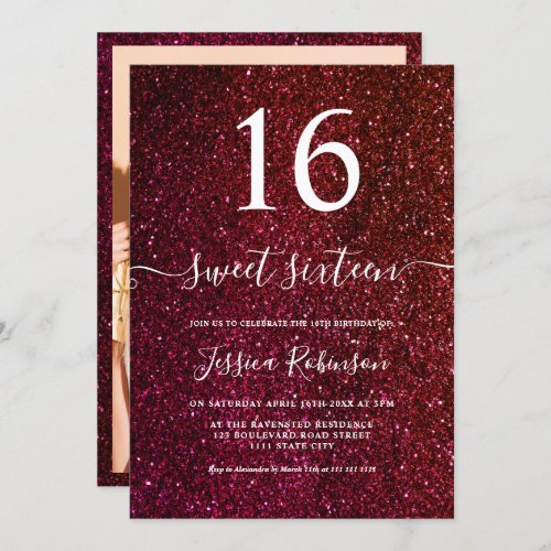 Girly red glitter script chic Sweet 16 Invitation