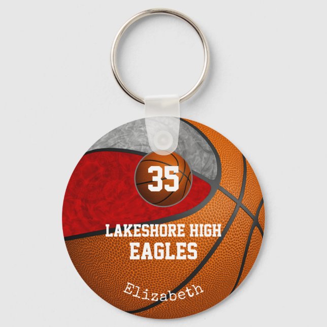Girly red gray school team colors basketball keychain (Front)