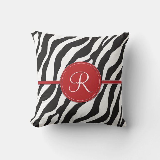 Girly Red Monogram Zebra Print Throw Pillow (Front)