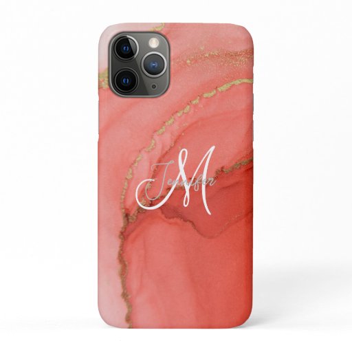 Girly Red & Pink Agate Glitter Blush Monogram iPhone 11 Pro Case