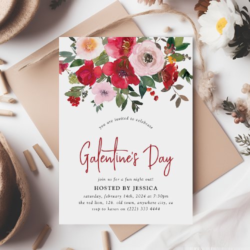 Girly Red  Pink Floral Galentines  Invitation