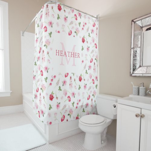 Girly Red Pink Watercolor Pattern Monogram Name Shower Curtain