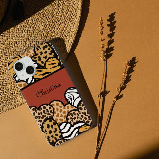 Girly Red Playful Animal Print Hearts Name iPhone 11 Case
