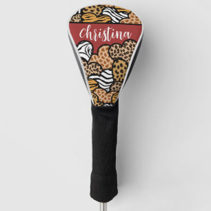 Girly Red Playful Animal Print Hearts Name Golf Head Cover