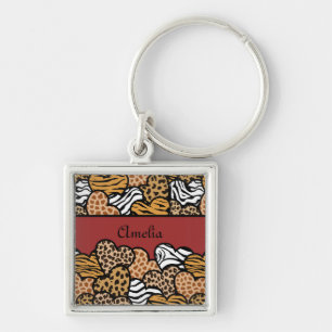Girly Red Playful Animal Print Hearts Name Keychain