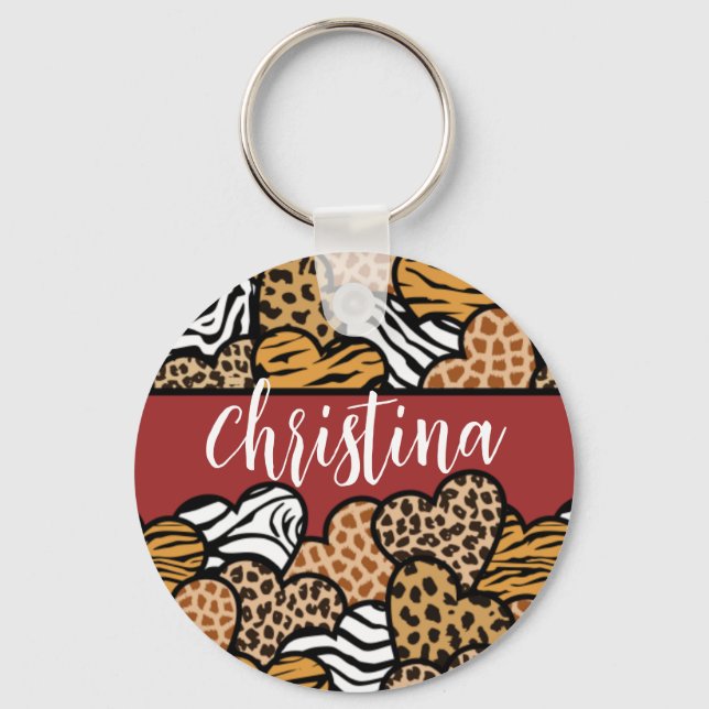 Girly Red Playful Animal Print Hearts Name  Keychain (Front)