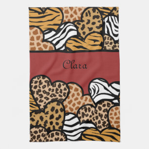 Girly Red Playful Animal Print Hearts Name Kitchen Towel