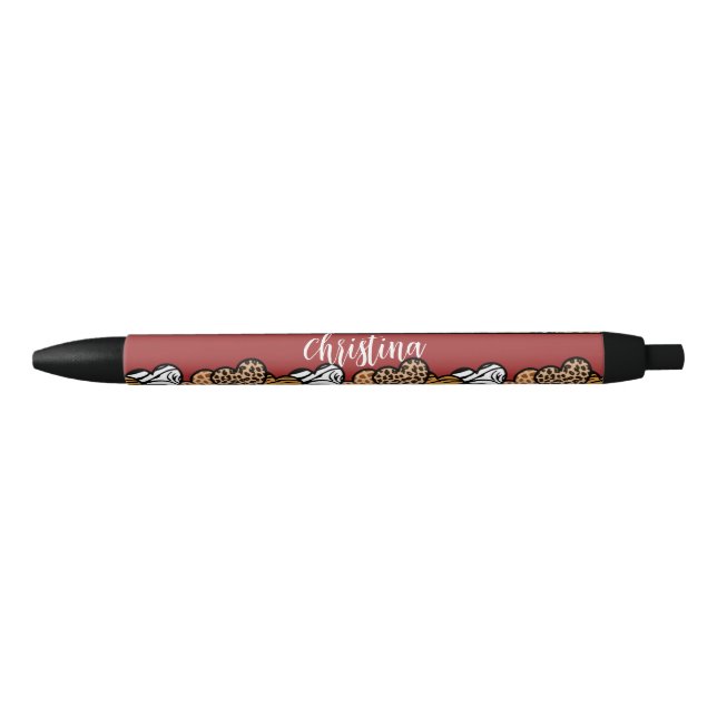 Girly Red Playful Animal Print Hearts Name  Pen (Front)