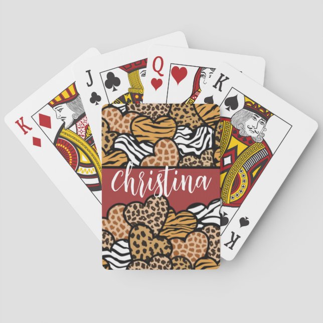 Girly Red Playful Animal Print Hearts Name  Poker Cards (Back)