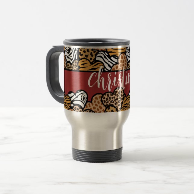 Girly Red Playful Animal Print Hearts Name  Travel Mug (Front Left)
