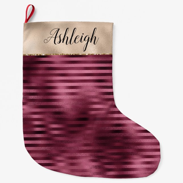 Girly Red Stripes Gold Glam Large Christmas Stocking (Front)