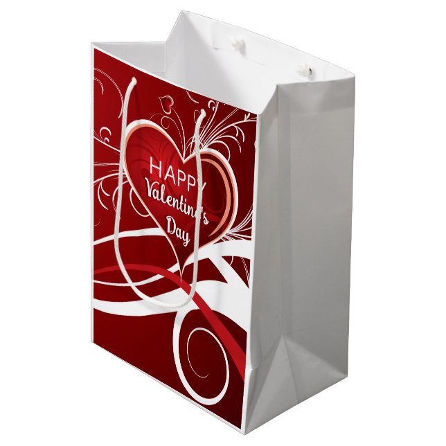 Girly Red & White Abstract Heart And Floral Swirls Medium Gift Bag (Front Angled)