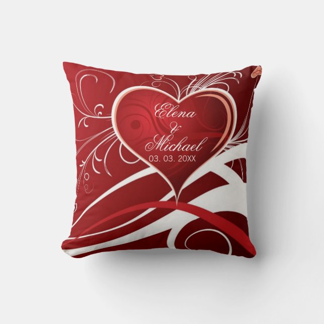 Girly Red & White Abstract Heart And Floral Swirls Throw Pillow (Front)