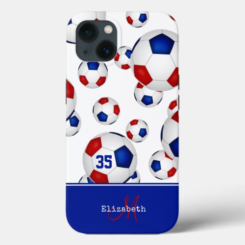 girly red white blue soccer balls personalized iPhone 13 case