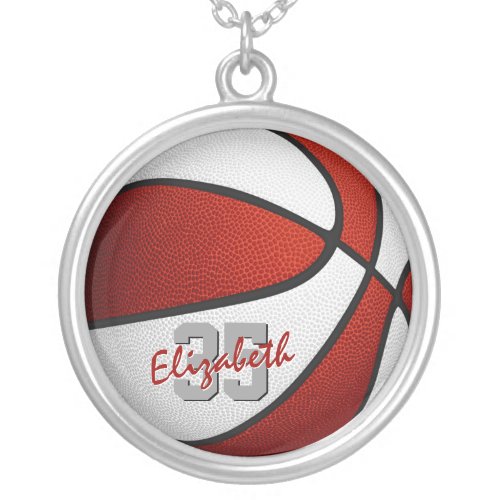 girly red white personalized basketball silver plated necklace