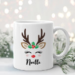 Girly Reindeer Face Personalized Name Christmas Coffee Mug<br><div class="desc">Cute Christmas coffee or hot cocoa mug features an illustration of a sweet reindeer girl face with pretty eyelashes, rosy blush cheeks, a holly berry greenery decoration on her antlers, and a shiny red nose. Personalize this festive hot chocolate mug with a first name or other custom text. Makes a...</div>