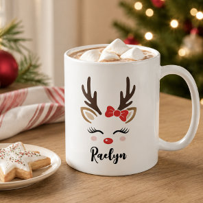 Girly Reindeer Face Red Bow Custom Name Coffee Mug