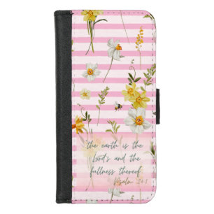 Girly Religious Pink Stripe Yellow Daffodils Bee iPhone 8/7 Wallet Case