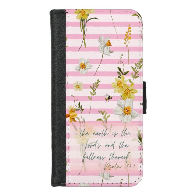 Girly Religious Pink Stripe Yellow Daffodils Bee iPhone Wallet Case (Front)