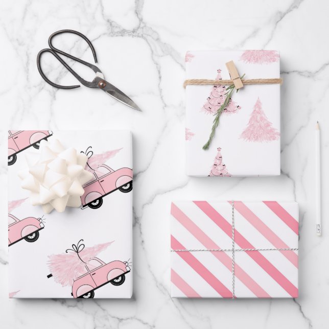 Girly Retro Chic Pink Christmas Wrapping Paper Sheets (Front)