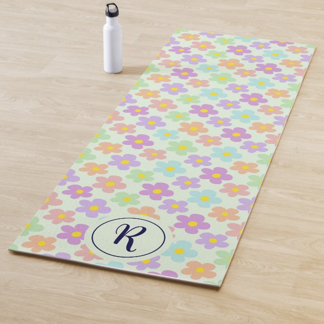 Girly Retro Daisy Flowers Green Floral Yoga Mat (In Situ)