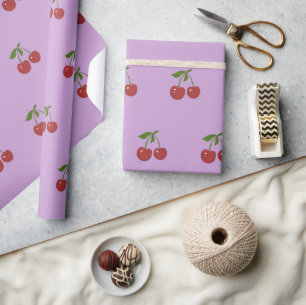 Girly Retro Pastel Purple Red Cherry Fruit Pattern Wrapping Paper